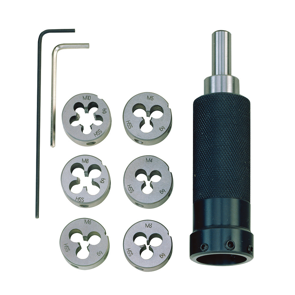 Die holder with dies for M3 to M10 male threads