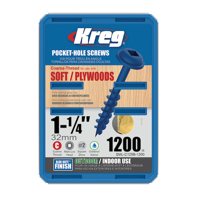 Kreg Blue Kote Weather Resistant Pocket Screws, 1-1/4 Inch #8 Coarse Thread, Maxi-Loc Head, (1200 Count)