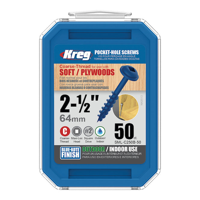 Kreg Blue-Kote WR Pocket Screws - 64mm / 2-1/2"  #8 Crse  Wa