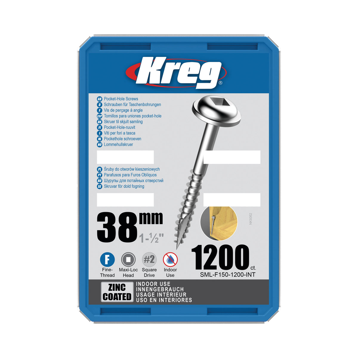 Kreg Pocket Screws, 1-1/2" #7 Fine-Thread, Washer-Head (1200 Count), zinc