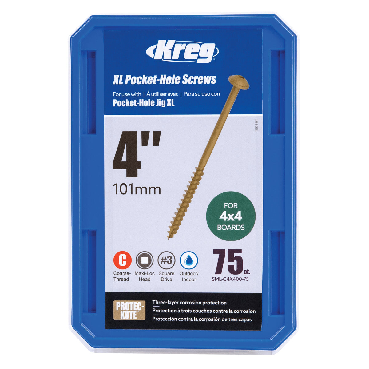 Kreg XL Pocket-Hole Screws 102mm #14 Coarse - 75ct